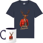 louis het kerst hert - Foute Kersttrui Kerstcadeau - Dames / Heren / Unisex Kleding - Grappige Kerst Outfit - T-Shirt met mok - Unisex - Navy Blauw - Maat 3XL