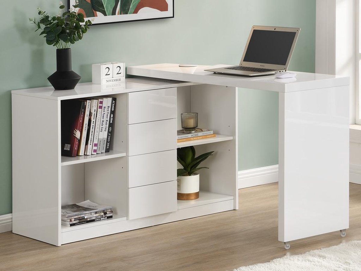 Vente-unique Uitschuifbaar bureau met draaibaar blad in 360° - Mdf - Wit gelakt - PAVELO L 190 cm x H 76.5 cm x D 42 cm