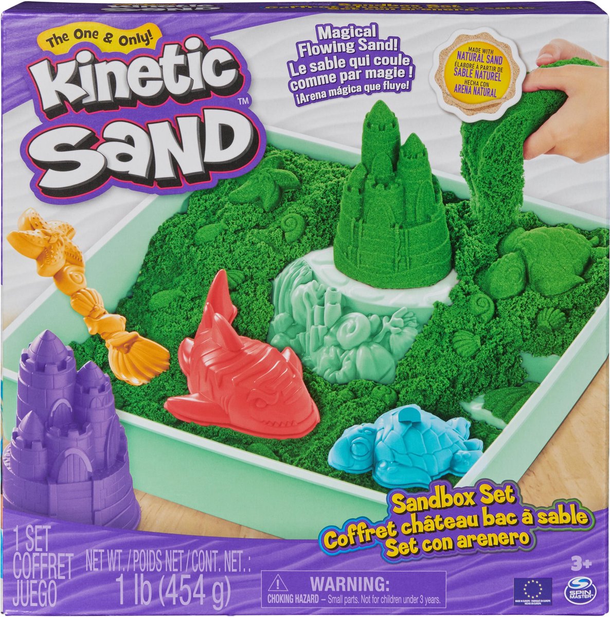 Kinetic Sand - Zandbak-set met 454 g groen speelzand opbergzandbak 4 vormen en gereedschap - Sensorisch speelgoed