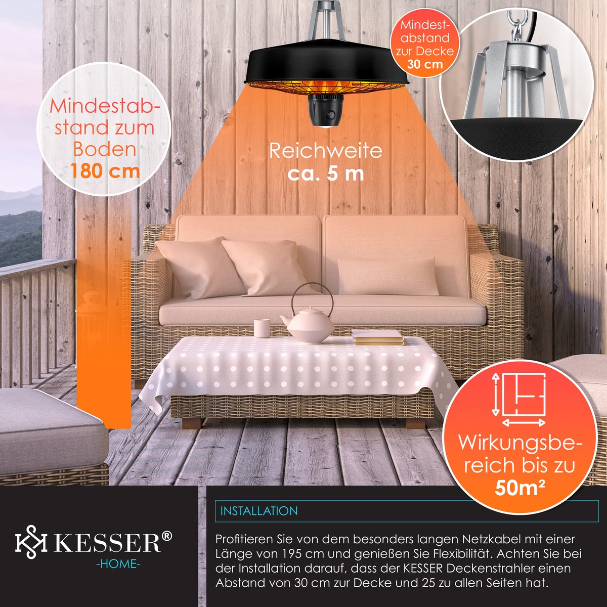 KESSER Terrasverwarmer Elektrisch 2500 W – Infrarood Heater voor Plafond en Wand, Hangende Terrasheater voor Buiten – foto 8