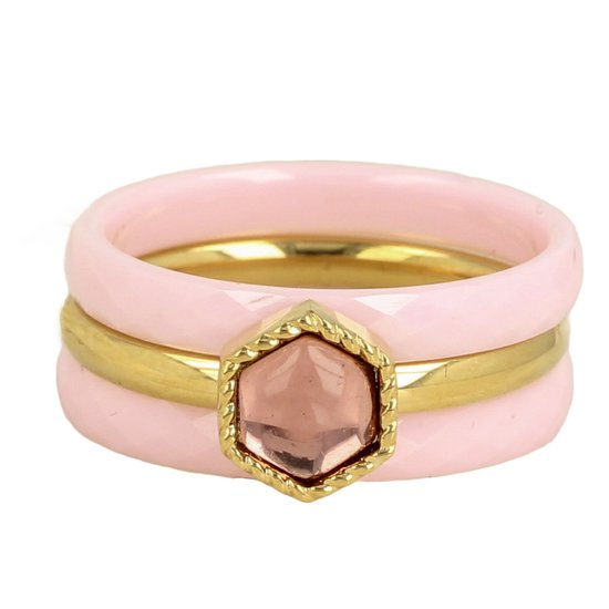 My Bendel - Zomerse roze ringenset met glassteen - Zomerse roze ringenset met keramiek en roze glassteen - Met luxe cadeauverpakking