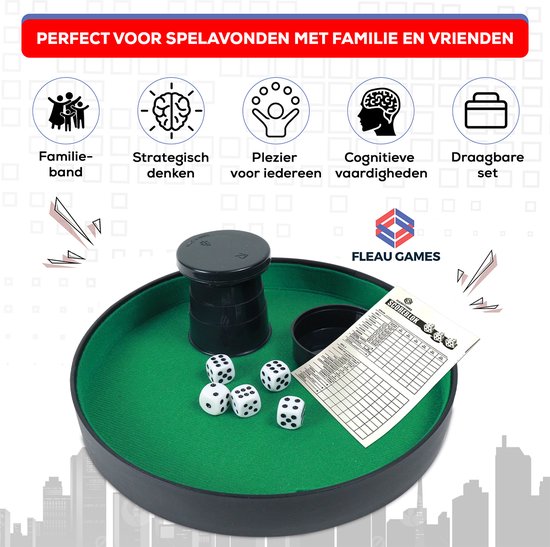 Fleau Games Yahtzee set - Dobbelsteenbak - 100 Scorebladen - Dobbelset - Gezelschapsspel - Pokerpiste - Dobbelspel - - Fleau