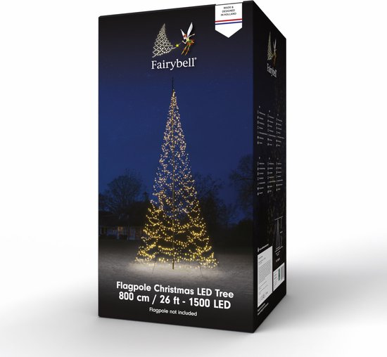 Fairybell LED Buiten Kerstboom voor in de vlaggenmast - 8 meter - 1500LEDs - Warm wit met twinkle - Fairybell