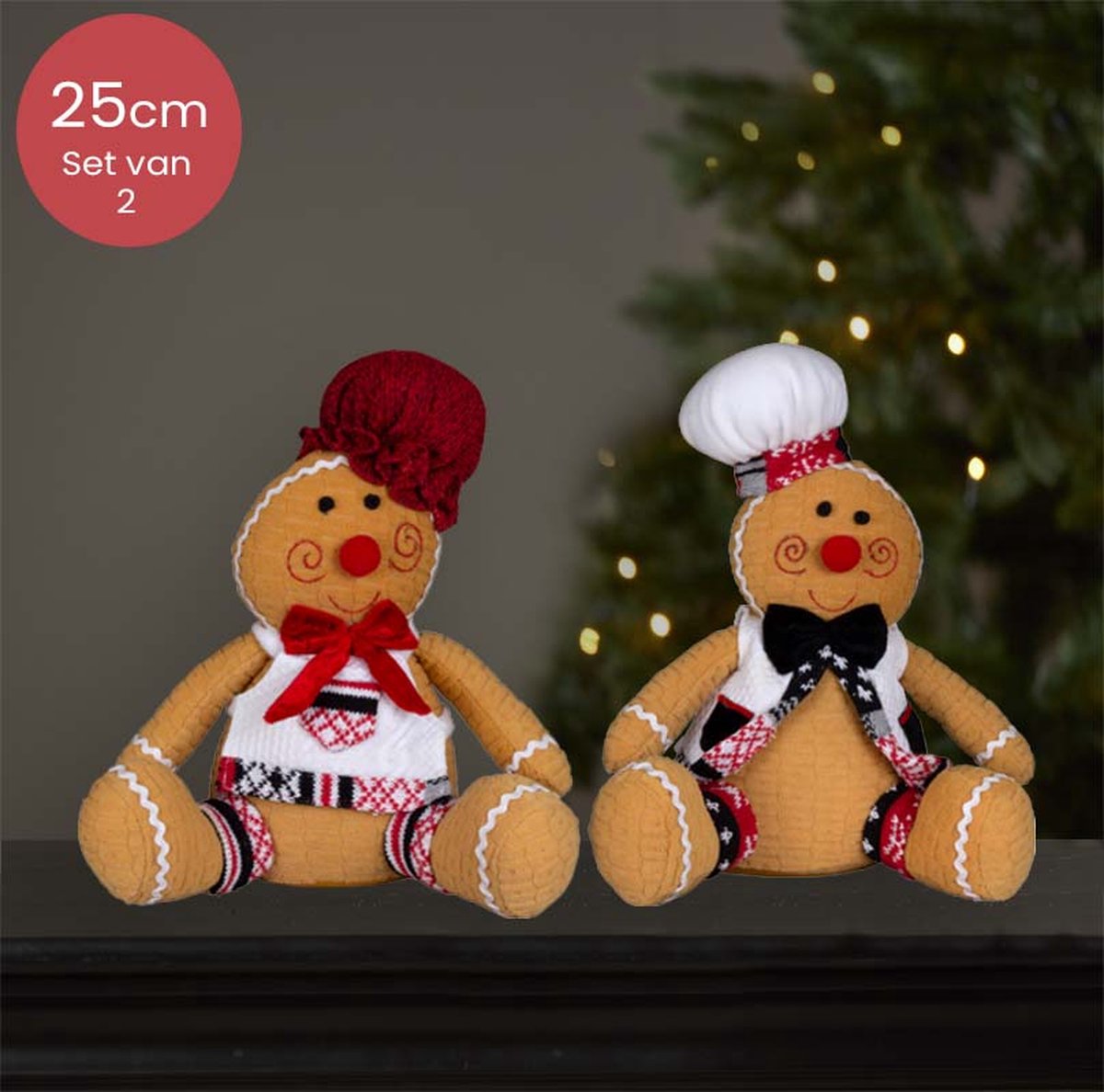 Handgemaakt peperkoeken-duo – 25/30 cm – met rode en witte muts en strik