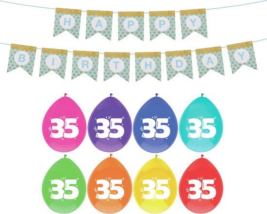Haza Verjaardag 35 jaar geworden versiering - 16x thema ballonnen/1x Happy Birthday slinger 300 cm