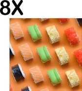 BWK Textiele Placemat - Verschillende Soorten Sushi op een Oranje Achtergrond - Set van 8 Placemats - 50x50 cm - Polyester Stof - Afneembaar