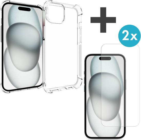 iMoshion Shockproof Hoesje Inclusief 2X Screenprotector Gehard Glas Geschikt voor iPhone 15 - Transparant