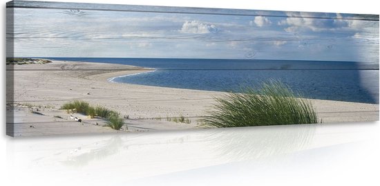 Canvas Schilderij - Duinen - Strand - Hout - Gras - Zee - Oceaan - Water - Wolken - Inclusief Frame - 145x45cm (lxb)