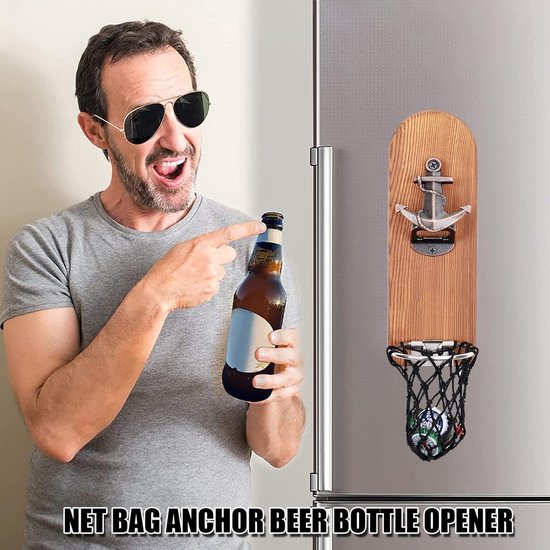 Janolia Houten Wall Mounted Flesopener Met Cap Catcher, Vintage Style, Een Geschenk Voor Vader Uw Vrienden