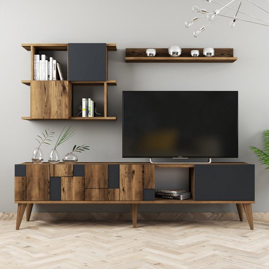 Emob- TV Meubel Modern TV-meubel met Planken | 100% Gemelamineerd | Notelaar Antraciet - 180cm - Bruin; Antraciet