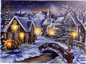 Schilderij met led verlichting - Canvas op houten frame - Dorpje in de bergen - 6 x LED - 40 x 30 cm - Kerstdorp