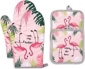 Ensemble de gants de four et de poêles, gants de four résistants à la chaleur, gants de cuisine en coton pour la cuisine, la pâtisserie et les grillades (Flamingo)