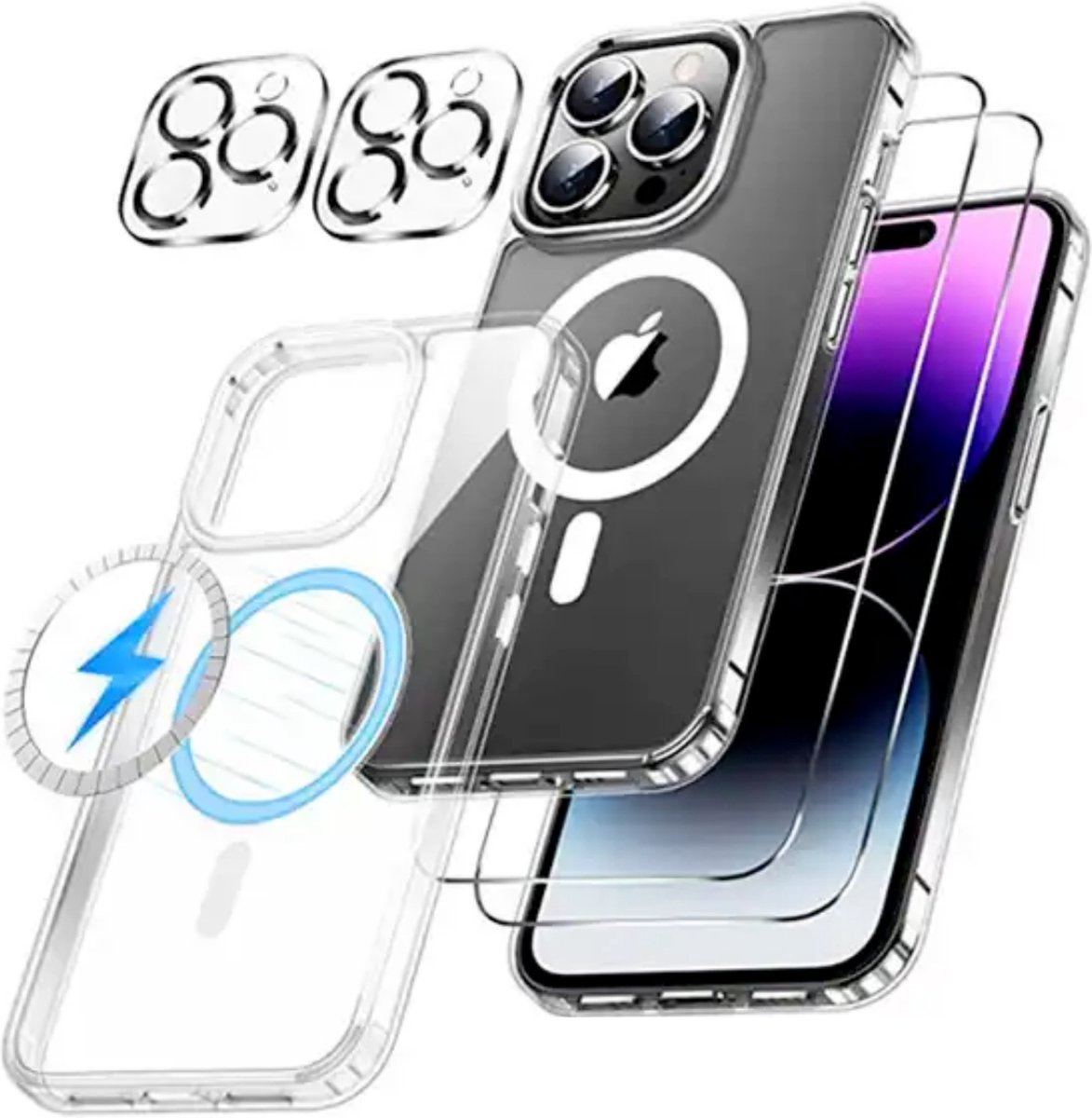 [5 in 1] Magnetisch Hoesje Geschikt voor iPhone 15 Pro - 2 Screenprotectors - 2 Camera Lens Protectors - Stevig Doorzichtig TPU Magneet Hoesje - Tempered Glass Scherm Protector