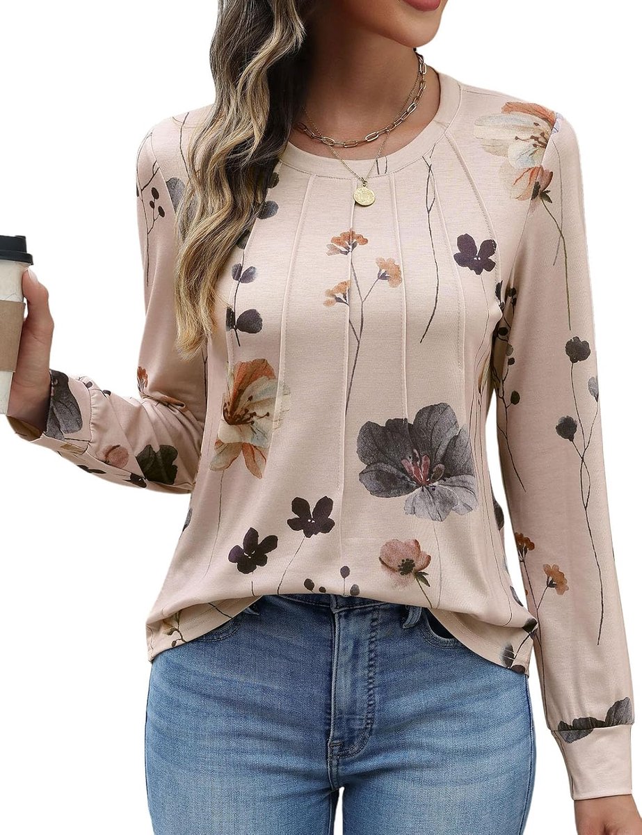 Heekpek T-shirt dames lange mouwen bloemenprint lange mouwen ronde hals tuniek basic T-shirt tops dames elegant casual bovenstuk