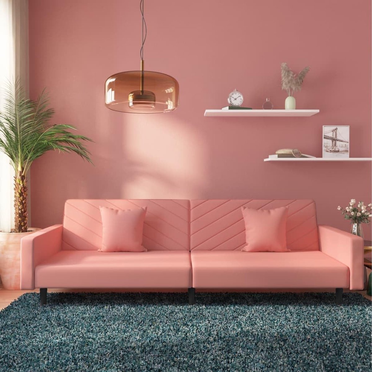 2-zits met 2 kussens, roze fluweel, 2-in-1 functioneel meubel als bed en zitgelegenheid, robuust houten frame, zachte velours bekleding voor woonkamer en logeerkamer