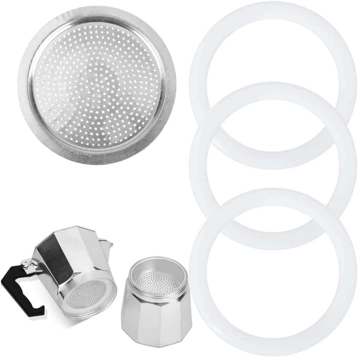 Herbruikbare koffiefilter, universele afdichting voor roestvrijstalen koffiezetapparaat en filter, 6 kopjes 300 ml (3 siliconen afdichtingen + 1 filter)