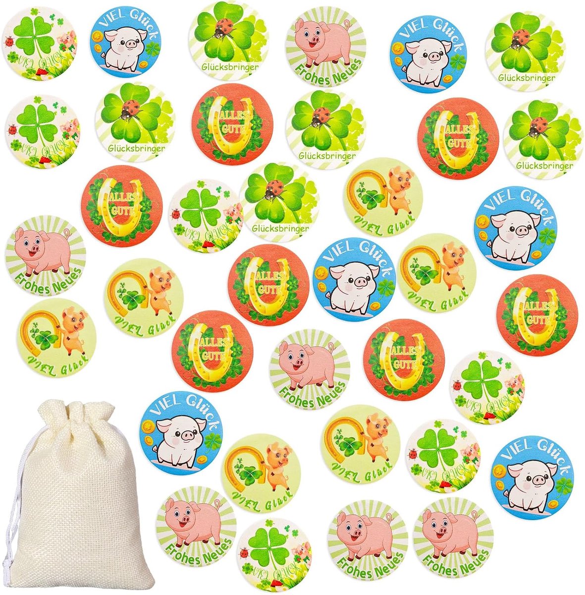 36 stuks geluksbrengers, klavertjes van hout, cadeau, veel geluksideeën, geschenkverpakking, voor Nieuwjaar, oudejaarsavond, school, verjaardag, tafeldecoratie
