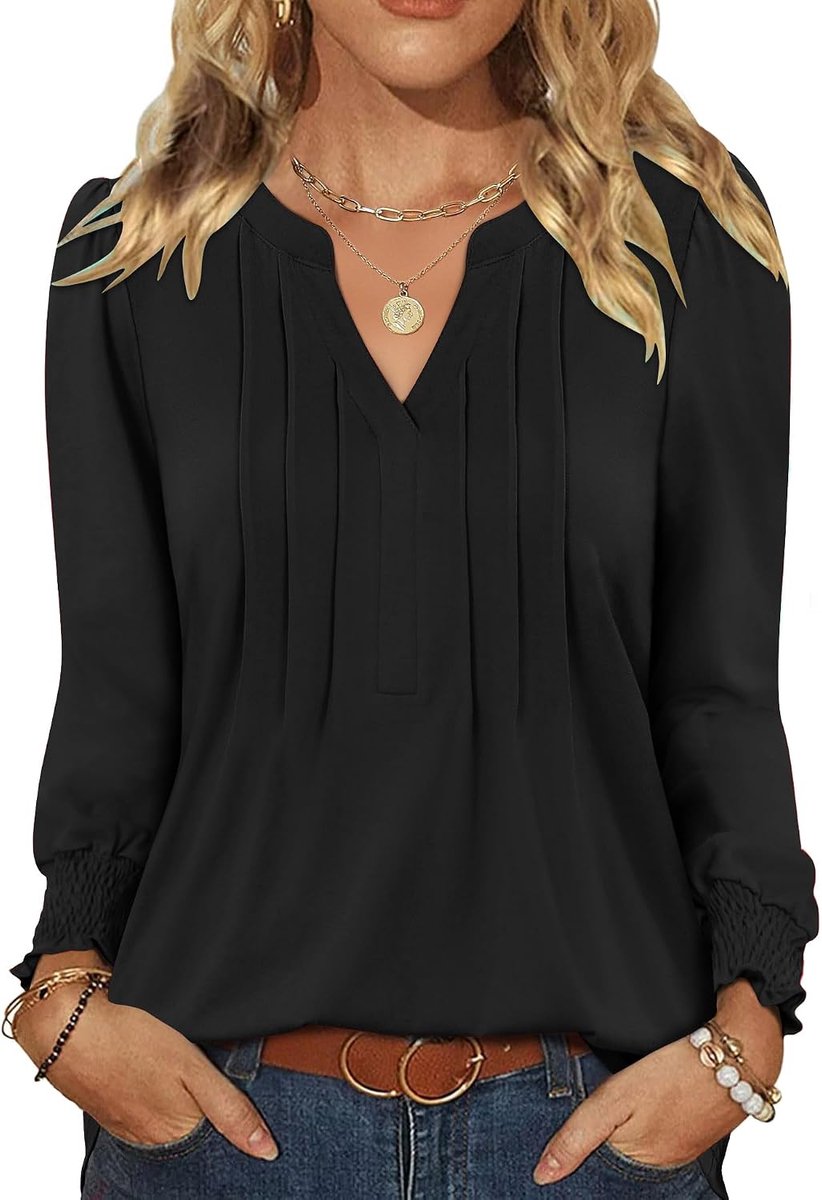 Damesblouse met lange mouwen, elegante tops, V-hals, casual blouseshirt, herfst, tuniek