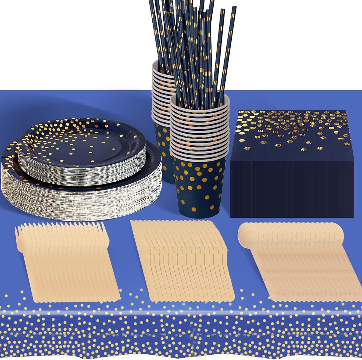 226-delig, donkerblauw, roségoud, feestborden, verjaardag, set inclusief wegwerpborden, papier, kopjes, servetten voor feest, decoratie, babyshower, 25 gasten