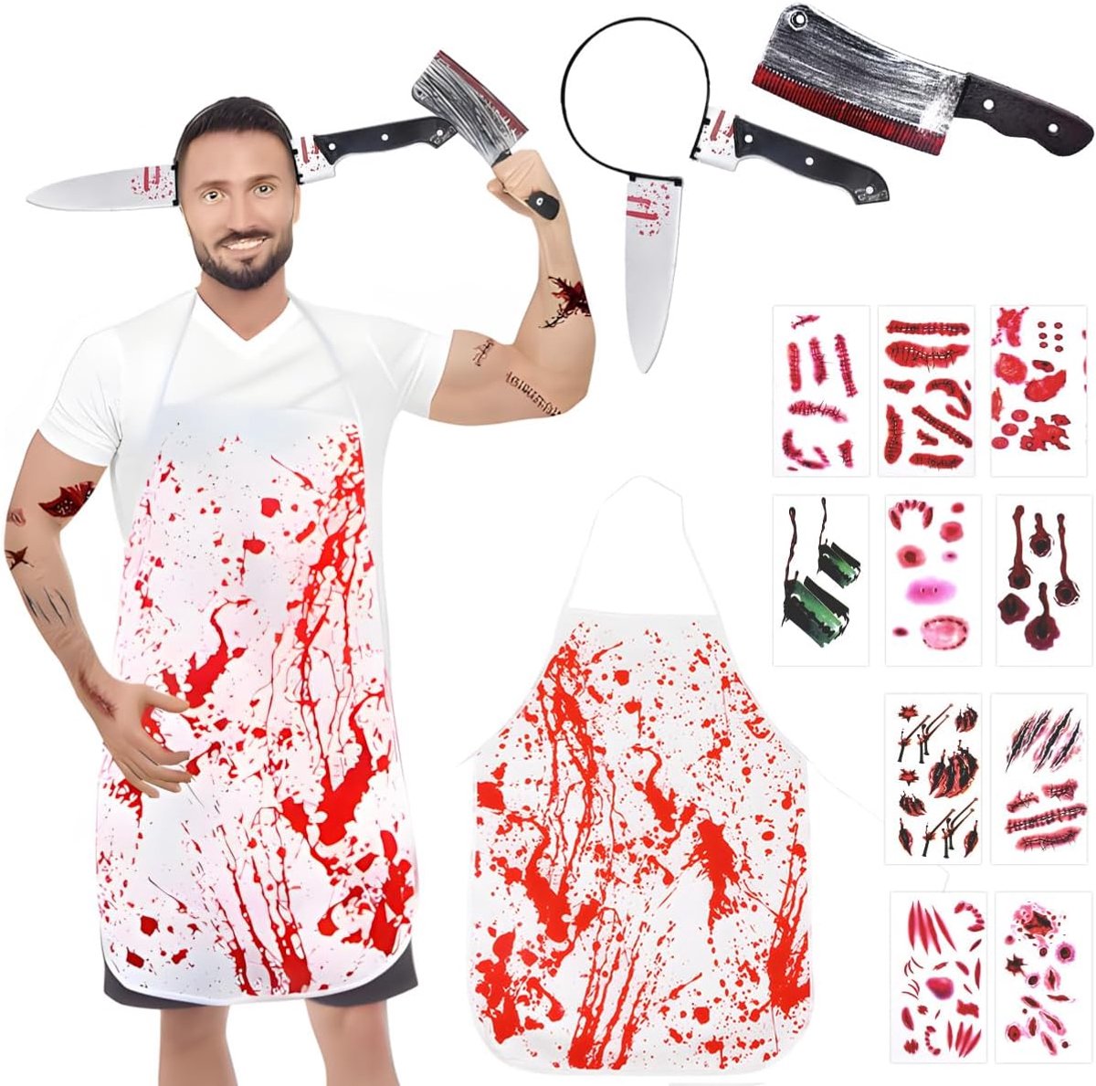 Halloween, slagerkostuum, voor heren en dames, bloedige schort, haaraccessoires met mes, Halloween-bijl in het hoofd en 10 littekentattoos, zombie, carnaval, decoratie