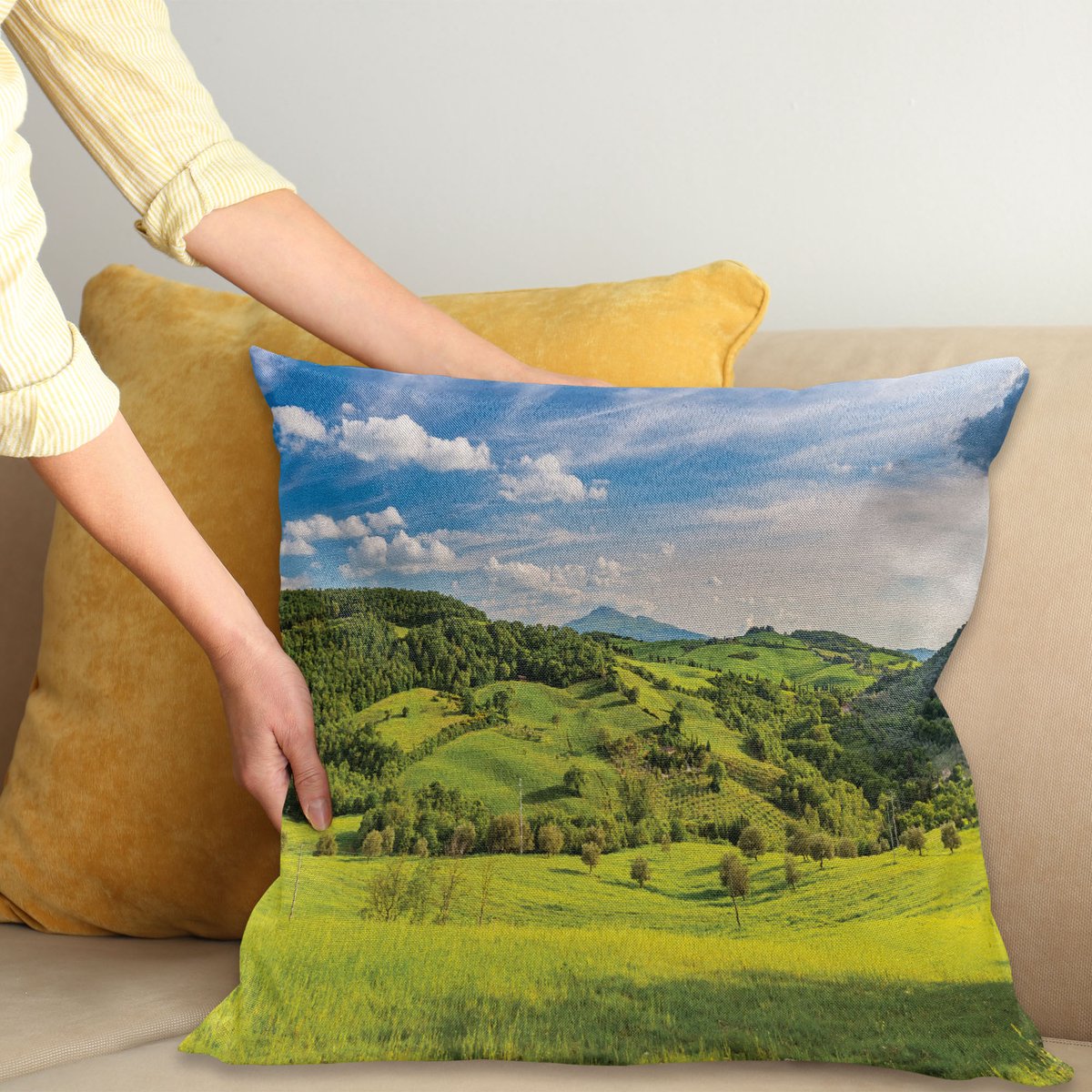 ABAKUHAUS Landschap Kussenhoes, Toskana Italien Bauernhöfe, Water- en Vuilafstotend, Wasbaar, Dubbelzijdige Print met Ritssluiting, 45 x 45 cm, Lucht Blauw Apfelgrün