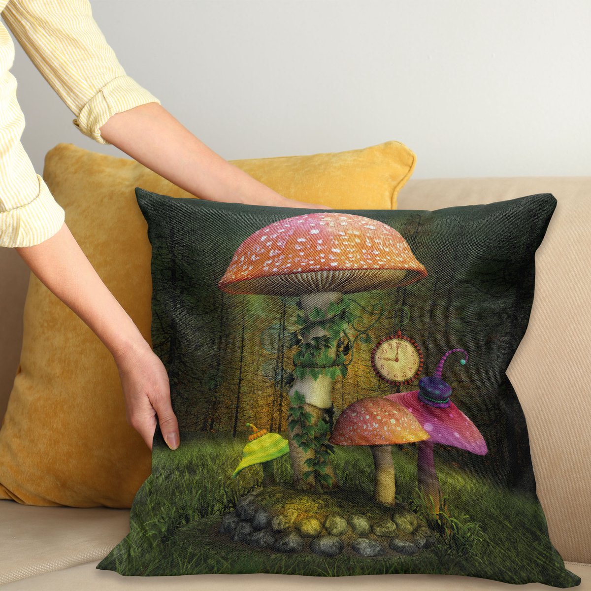 ABAKUHAUS Fantasie Kussenhoes, Riesenpilz en Elve, voor de Binnen of Buiten Gebruik Geschikt met Ritssluiting Wasbare Stof, 40 x 40 cm, Groen