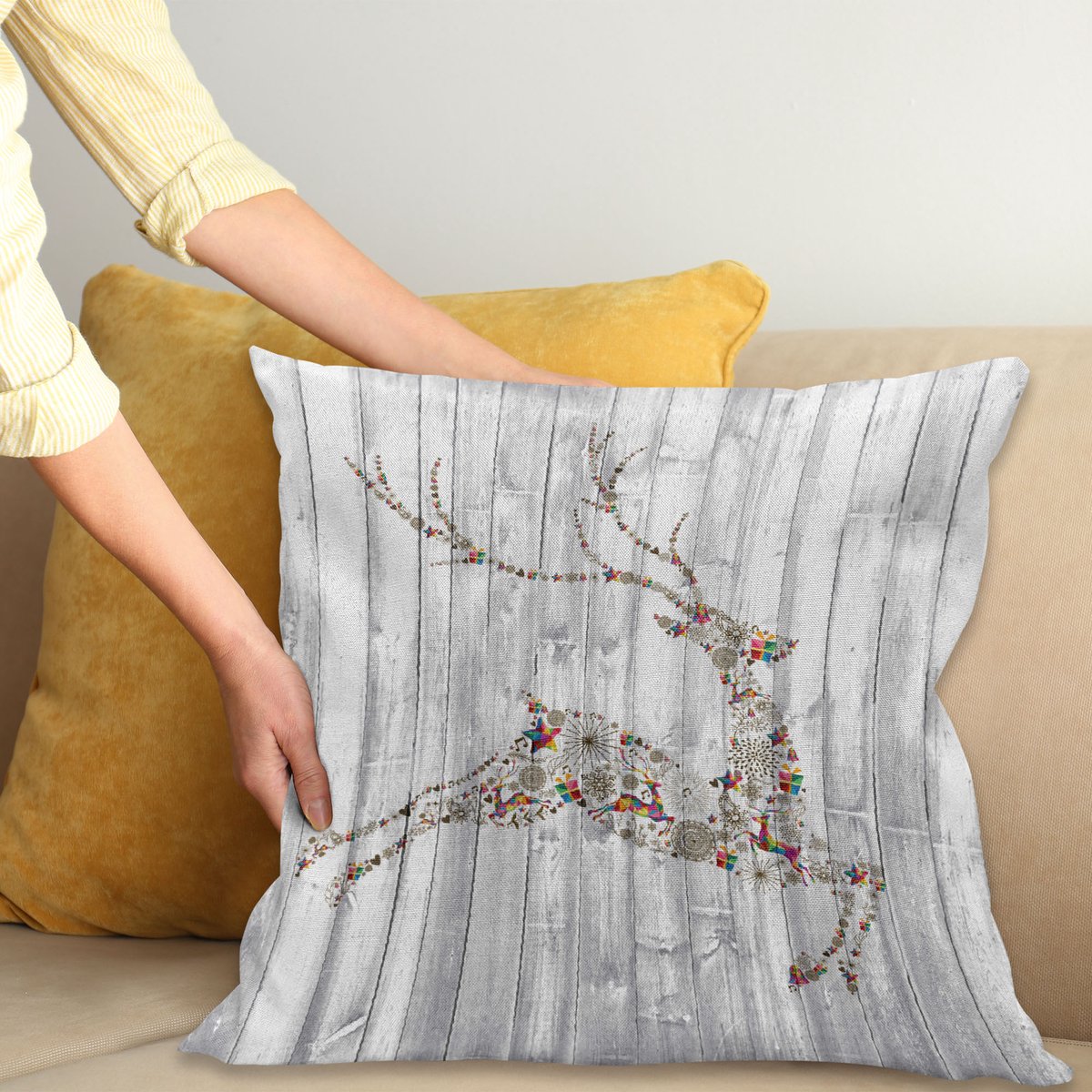 ABAKUHAUS Hirsch Kussenhoes, Kerstmis Dier Rustikal, Kussenhoes zonder Binnenkussen, met Ritssluiting, Dubbelzijdige Print, Wasbaar, 40 x 40 cm, Meerkleurig Grijs