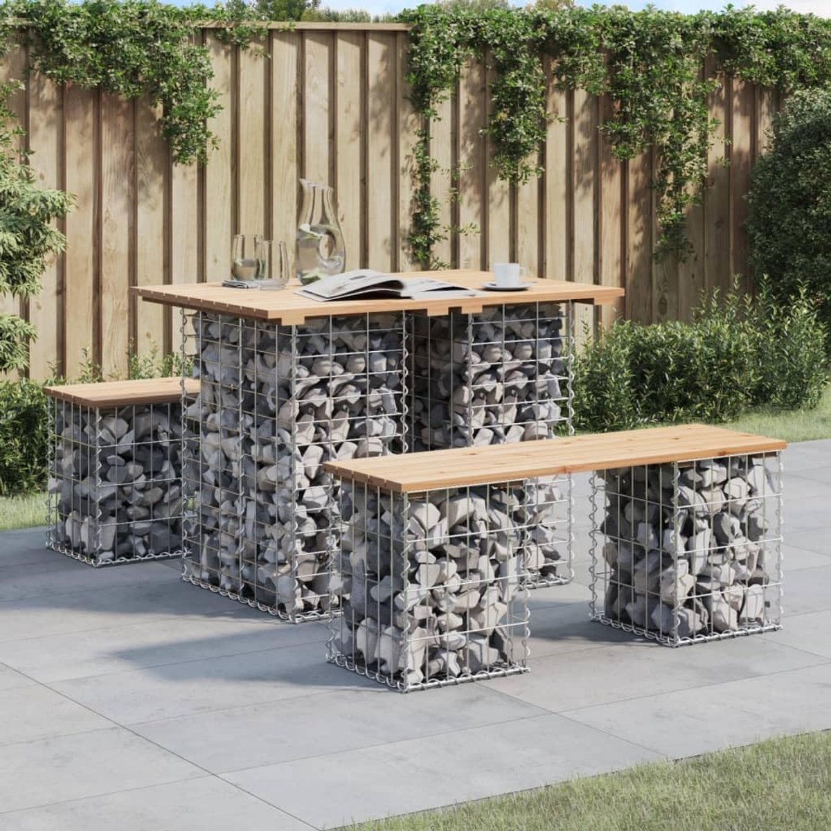 Schanskorfontwerp massief grenenhout 100x70x72 cm stevige gegalvaniseerde stalen gabionkorf compact tuinmeubel voor buiten patio achtertuin