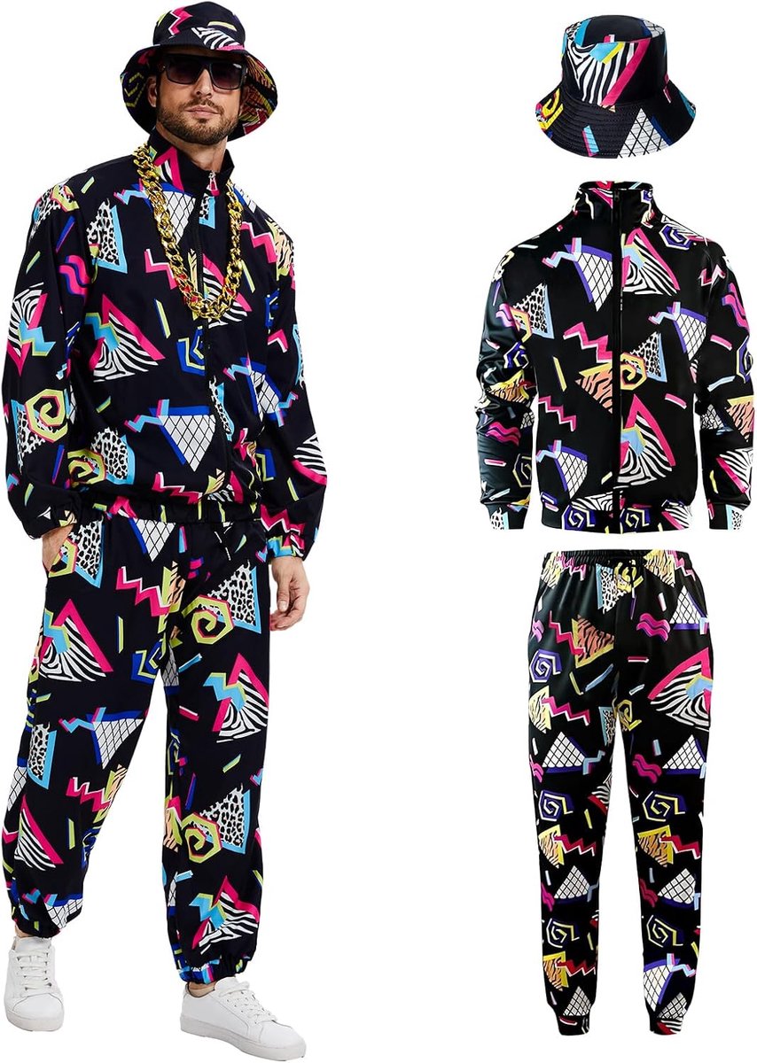 hiphop-trainingspak voor heren, jaren 80, jaren '90, chique joggingpak, sportpak inclusief jassen, broeken en pet, geschikt voor Halloween carnaval