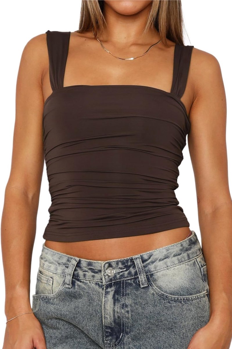 Hals tanktop dames - dubbel gevoerd uitgaan tops zomer geplooid rugvrij crop strappy schattig