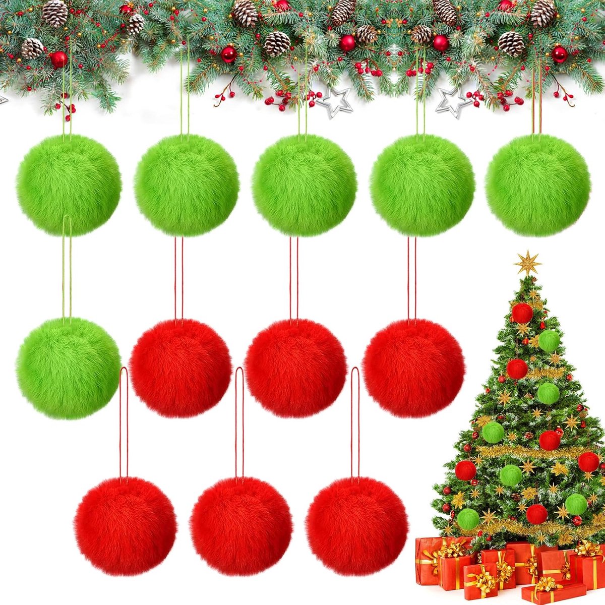 Kerstballen, 12 stuks, kerstdecoratie, kerstboom, pompons van kunstbont, kwasten, voor dennenbomen en doe-het-zelf wanddecoraties (rood + groen)