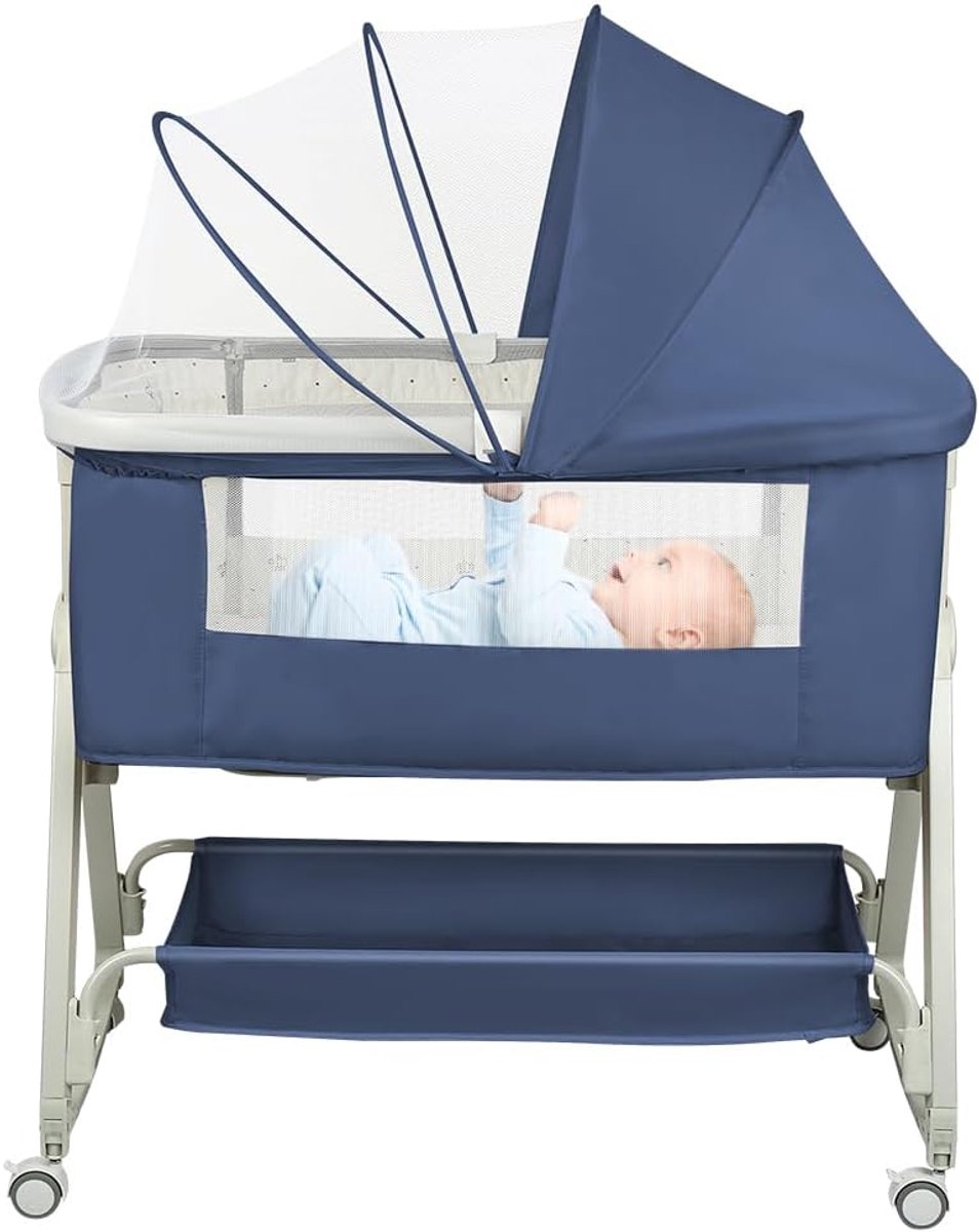 Babybedden met klamboe, bijzetbed met wielen, reisbed voor baby's, babyspeelbed, in hoogte verstelbaar, draagbaar kinderreisbed (blauw - A)