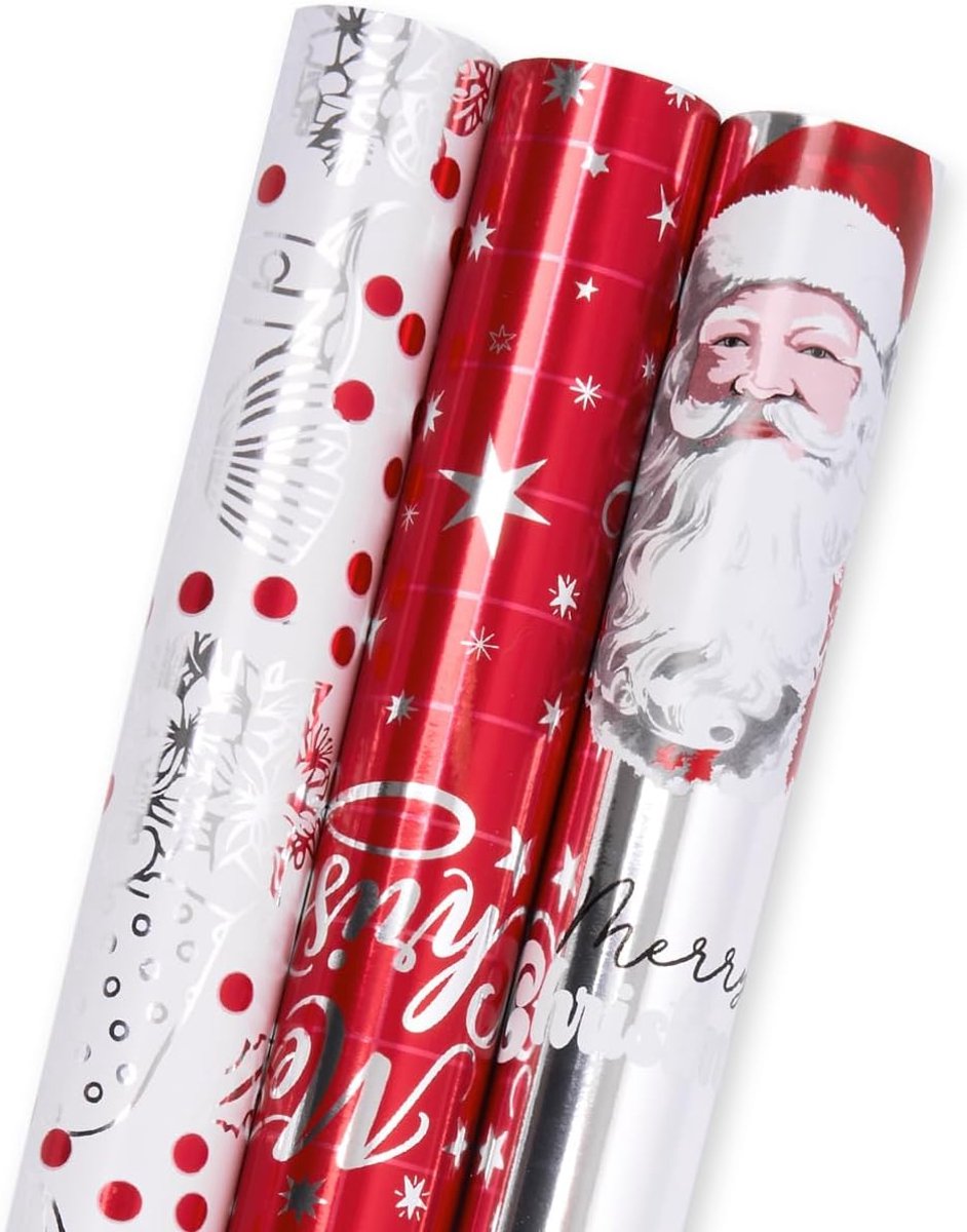 3 rollen inpakpapier voor Kerstmis: 43 cm x 3 m rood-wit metallic glitterfolie-inpakpapier, voor Kerstmis, verjaardagen, bruiloften, feesten en festivals