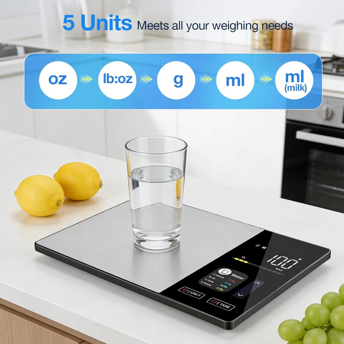 Keukenweegschaal met calorieënteller, 5 kg/1 g roestvrij staal