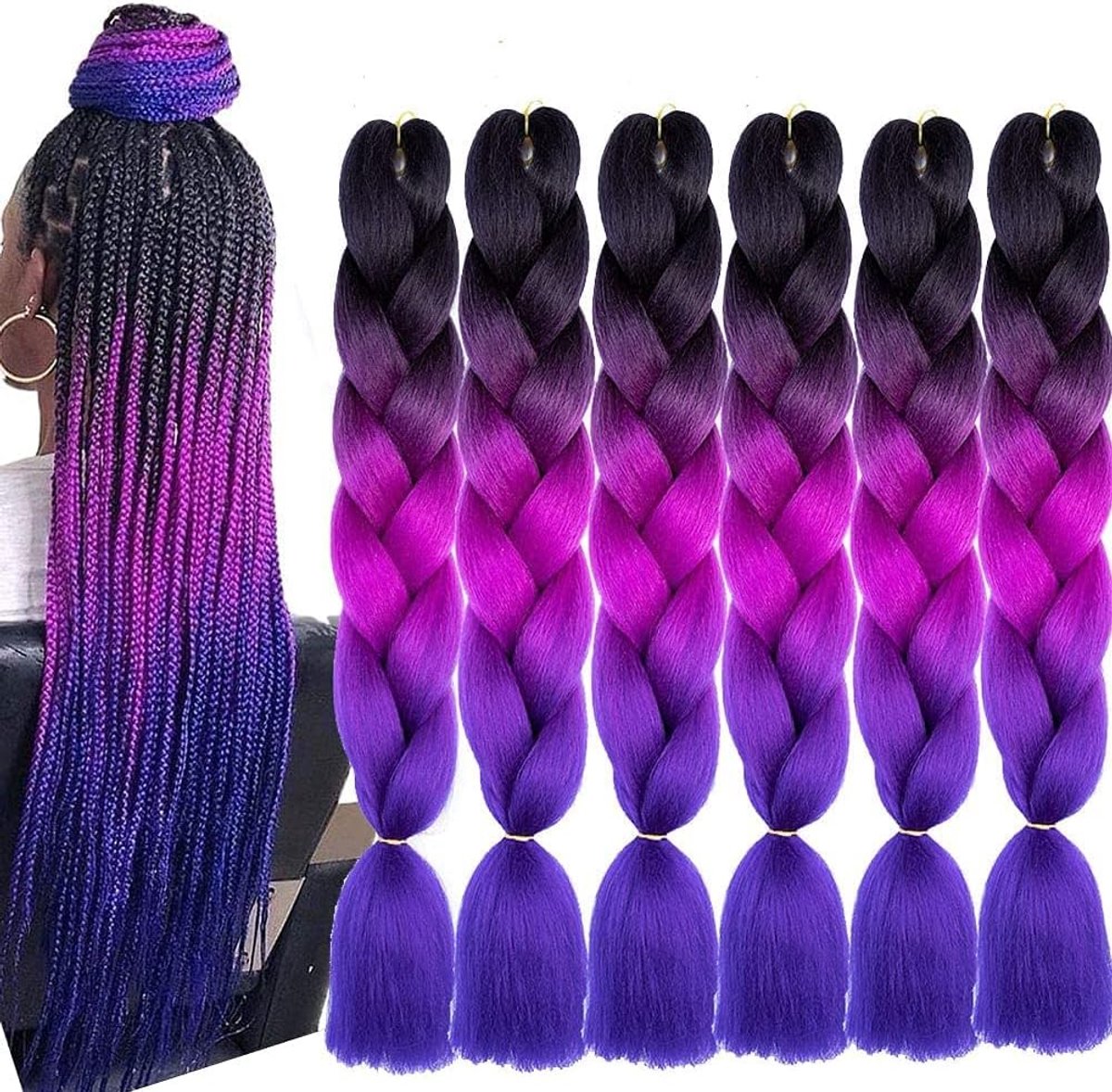 Haarextensies, kanekalon jumbo vlechten, haarextensies, 61 cm, vlechten, synthetisch haar voor crochet twist (C10-6 stuks)