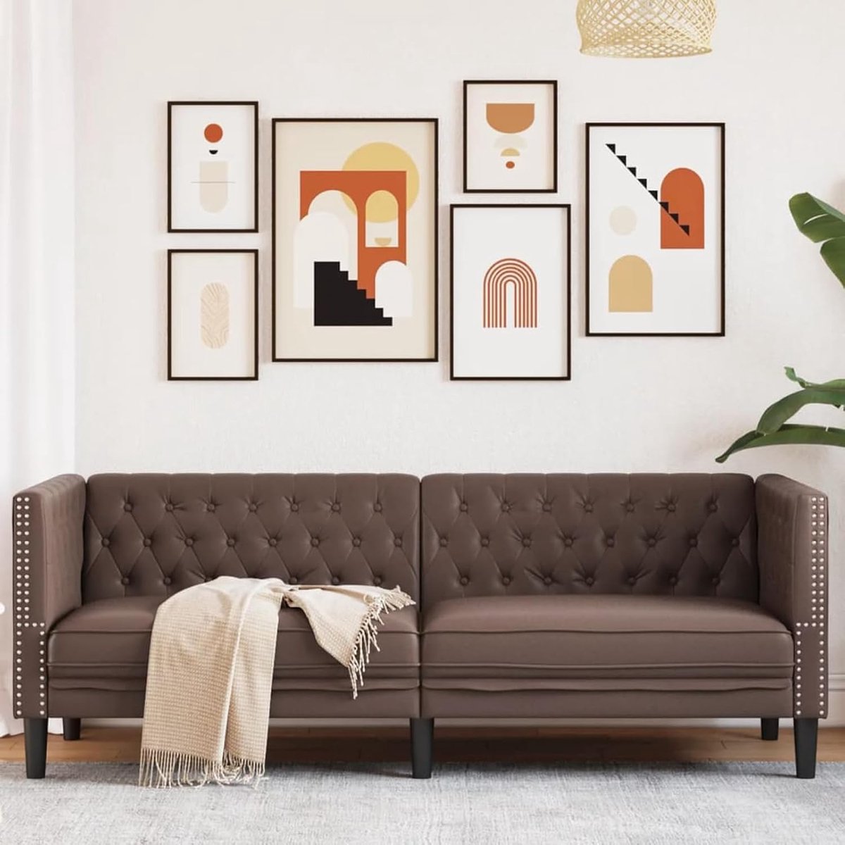 Chesterfield-372668 3-zitsbank, bruin kunstleer, gestoffeerde bank, zitgroep, bank voor woonkamer, appartement, kantoor, logeerkamer