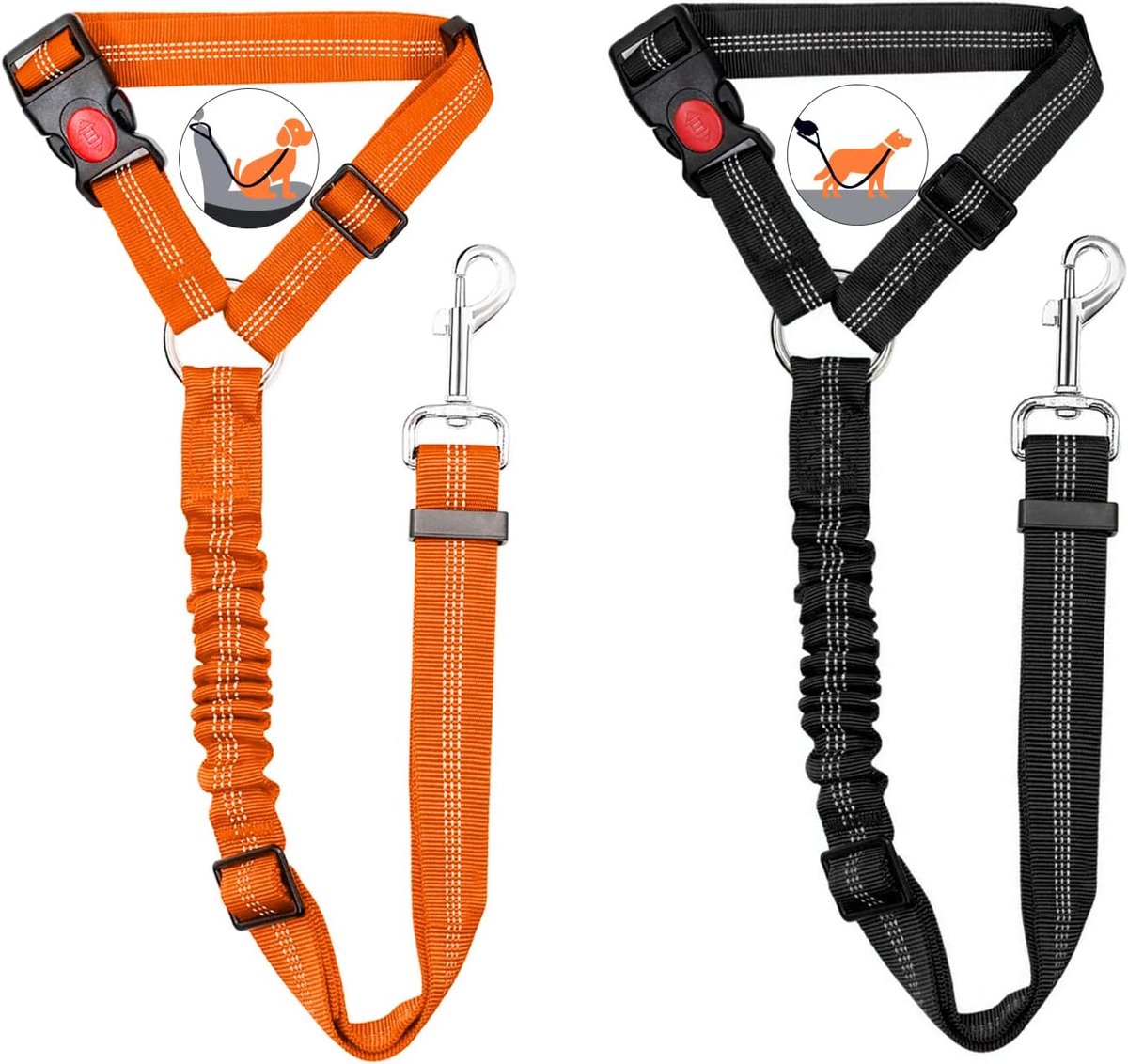 2 stuks hoofdsteun hond autogordels, Hysami verstelbare duurzame huisdier hond auto veiligheidsharnas met elastische nylon bungee-buffer (zwart+oranje)