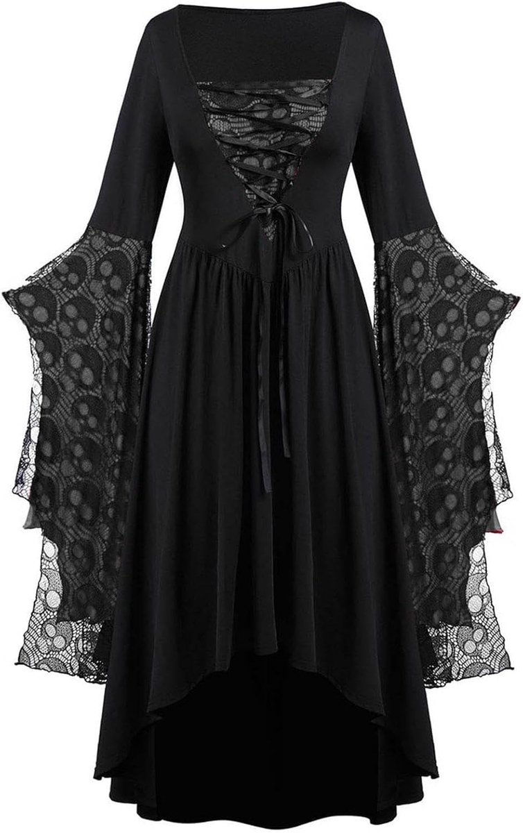 Jurk voor dames met doodshoofd, kant, Halloween, vampier, heksenkostuum