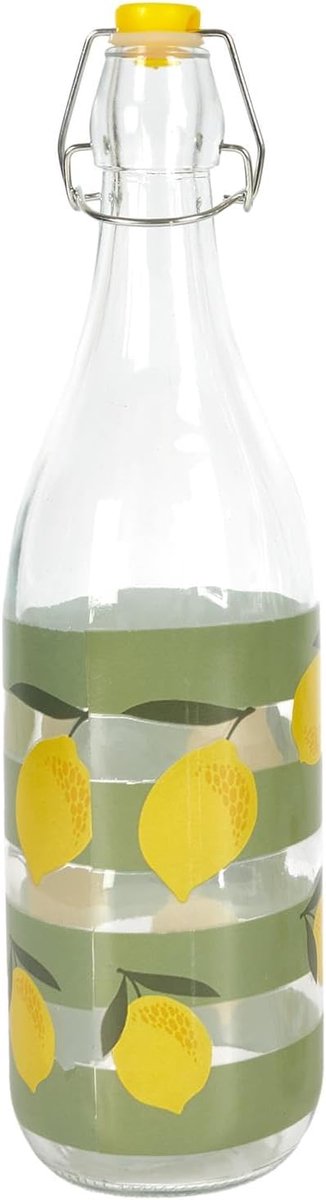 Beugelfles, 1 liter, herbruikbare waterfles met citroenprint en groene strepen, met gele beugelsluiting, fles voor water, limonade, sap, zomerdesign, BPA-vrij