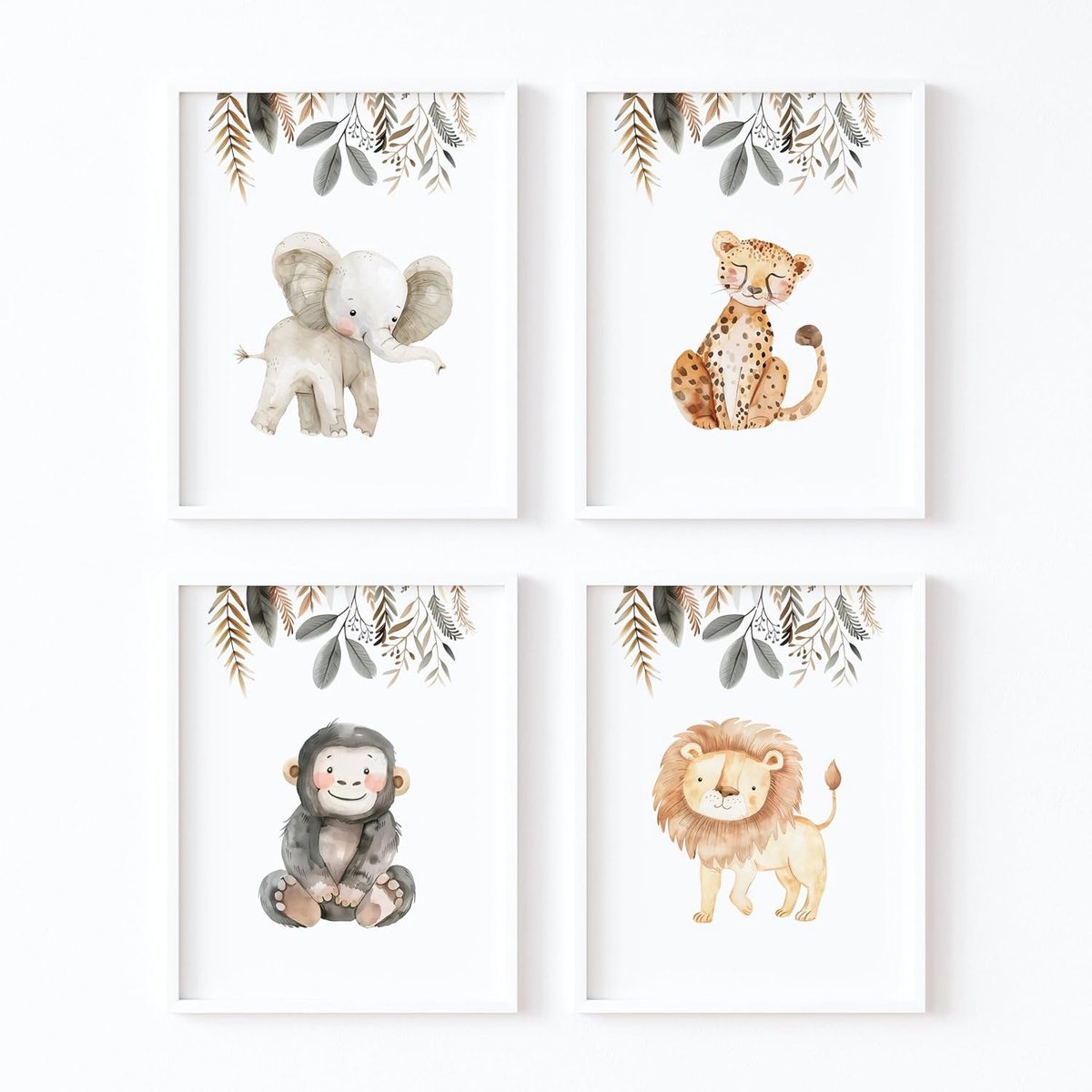 Ayurvana Set van 4 kinderposters Safari Aquarel - Babykamer Decoratie Boho en Neutraal - Dierenfoto's: Olifant, Leeuw, Aap en Luipaard Premium Papier, A4, zonder lijst