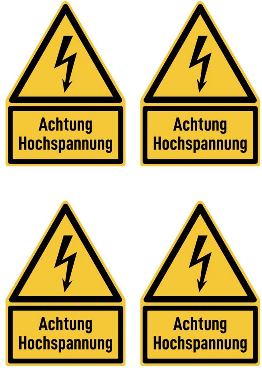 150x100 mm, 4 stuks - Let op hoogspanning - Waarschuwingsteken met tekst (Duits) (geel/zwart) - driehoek - W012 - DIN EN ISO 7010 / ASR A1.3