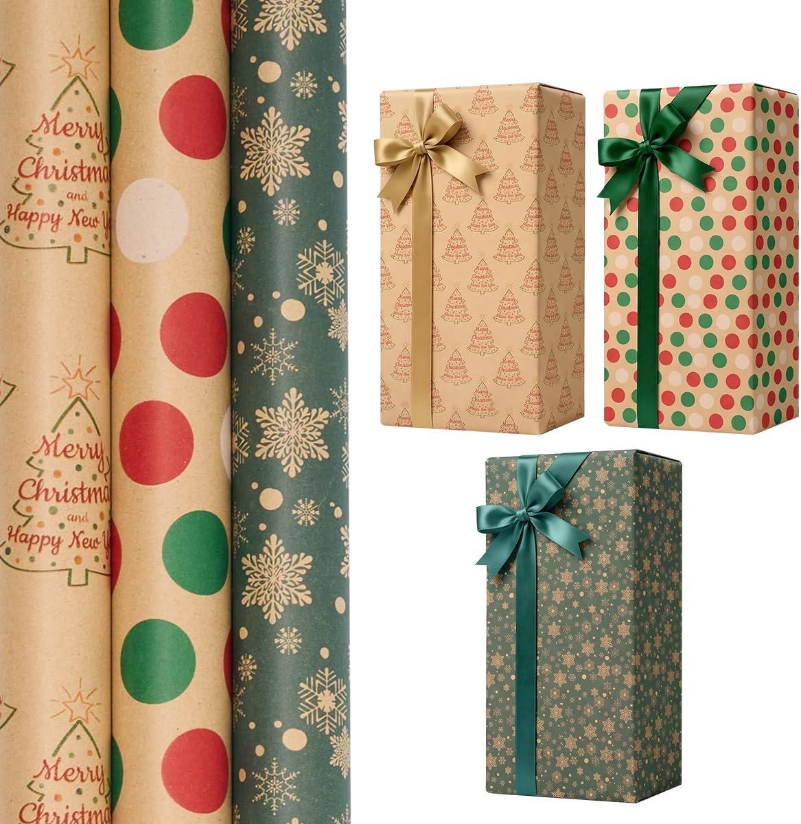 Cadeaupapier, 76 cm x 4 m, recyclebaar cadeaupapier voor Kerstmis, verjaardagen, feestgeschenken en decoratie (stippen, sneeuwvlokken, boom)