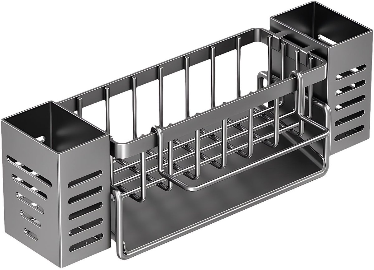 Famanu – Sponshouder voor gootsteen, keuken, multifunctioneel, opslag, gootsteen, keuken, met afneembare handdoekhouder en borstelhouder, gootsteenhouder, keukenopslag met automatische afvoerbak (grijs