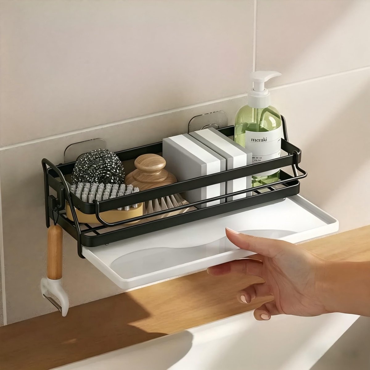 Famanu – Spoelbakorganizer met afvoerpan, keukensponshouder met spoeldoekhouder en twee haken, metalen hangende gootsteenorganizer met afwasborstelhouder, zonder boren (zwart)