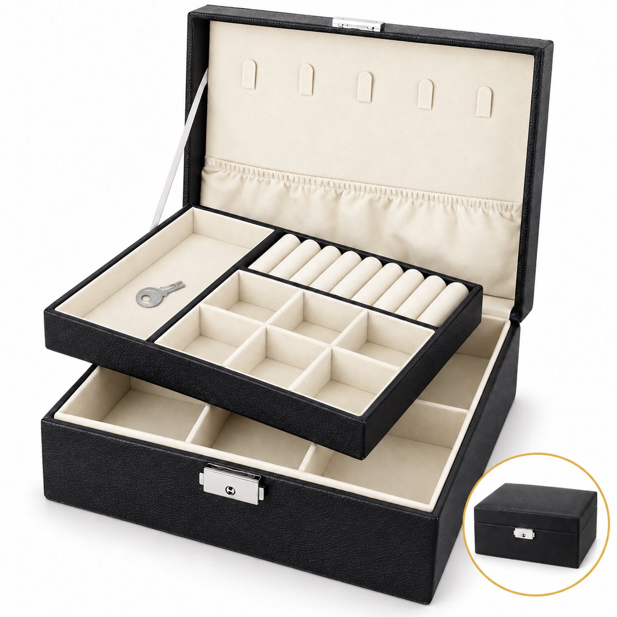 DIVERZA Sieradendoos – Zwarte Juwelendoos met Crème Fluwelen Binnenkant – Horlogebox – Afsluitbaar met Sleutel – 23 x 17 x 8,5 cm