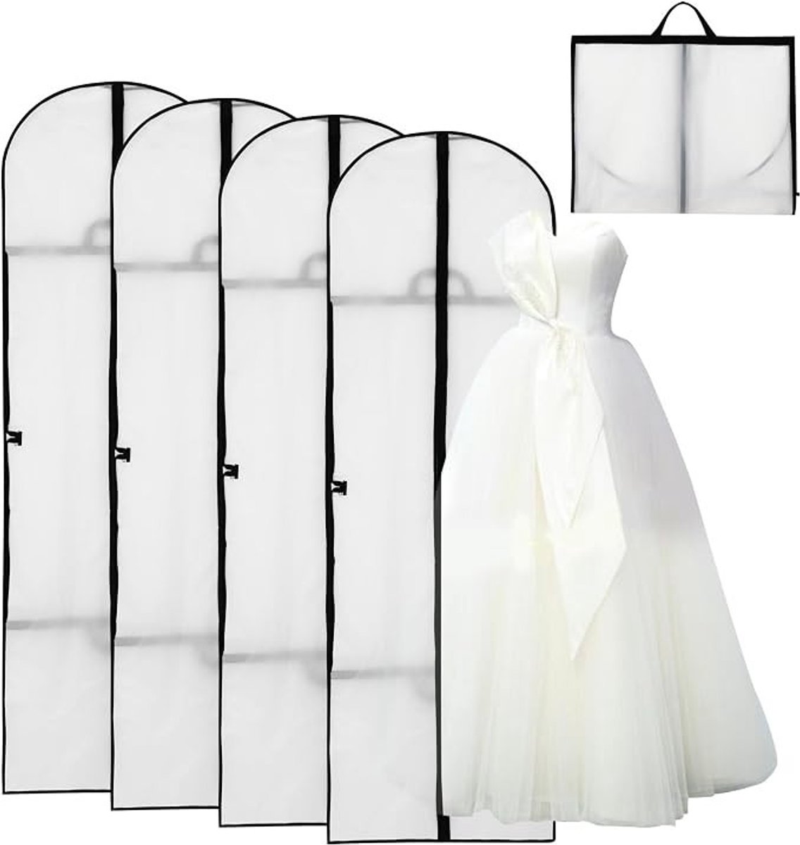 Livatto 4-pack lange kledinghoezen 180 x 60 cm – transparante kledingzakken met ritssluiting en draaghandvat – opvouwbaar voor pakken, jassen en jurken
