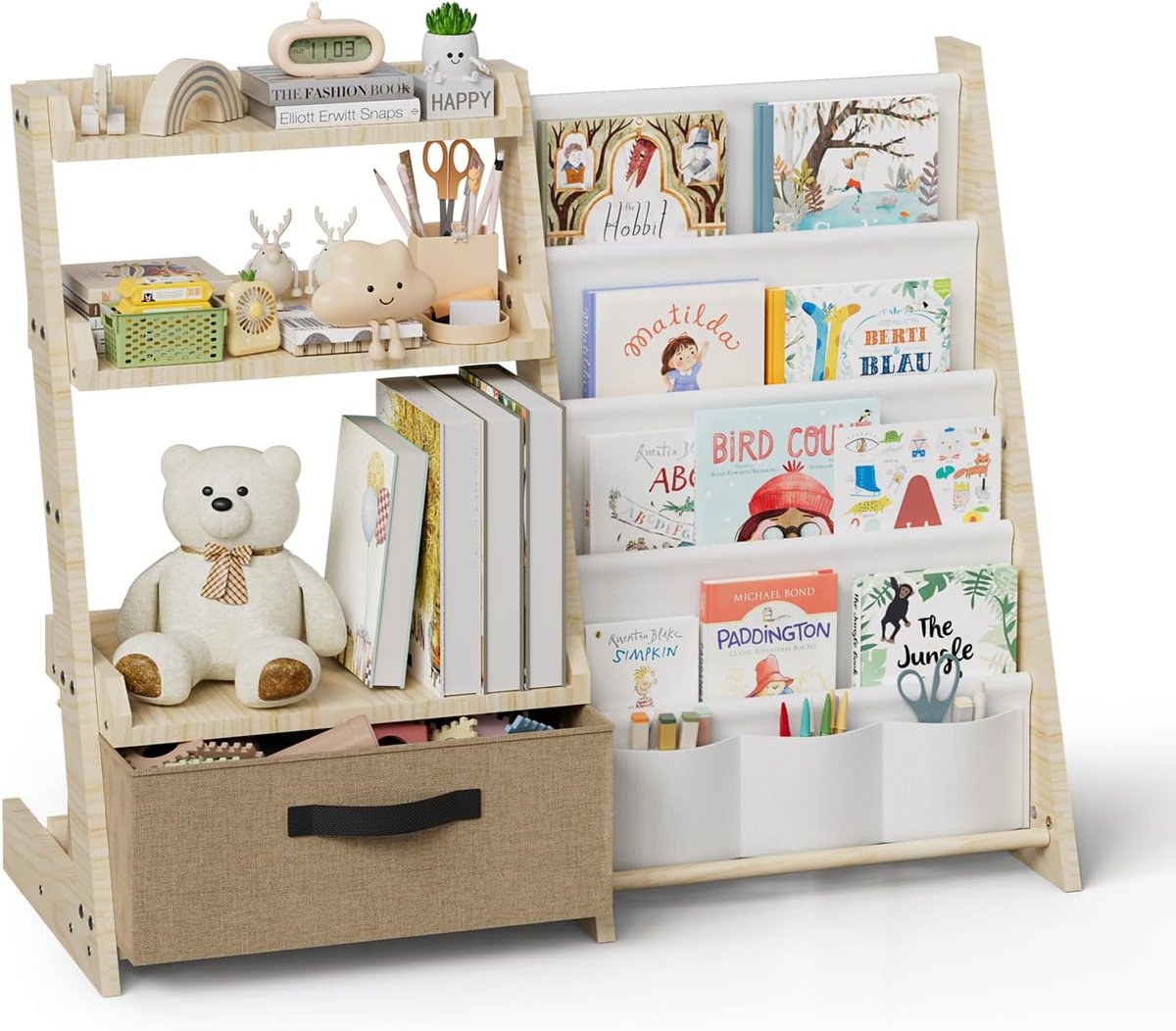 Kinderrek met speelgoedorganizer, 2-in-1, boekenkast van hout en stof met 4 vakken, lade en pennenvakken, kindveilig rek, 68 cm hoog, voor kinderkamer, kleuterschool, wit