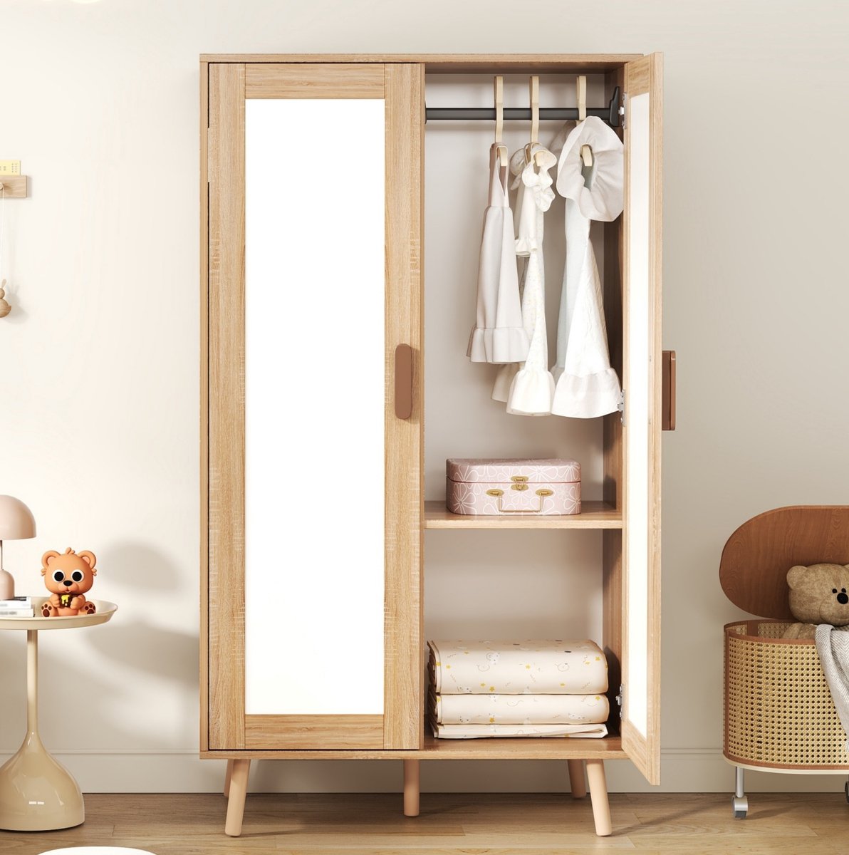 DESMIU Kledingkast - Twee Deuren Met Kledingroede En Legplank - Voor Kinderkamer En Slaapkamer - MDF - 80x46x141,5 Cm - Wit Naturel