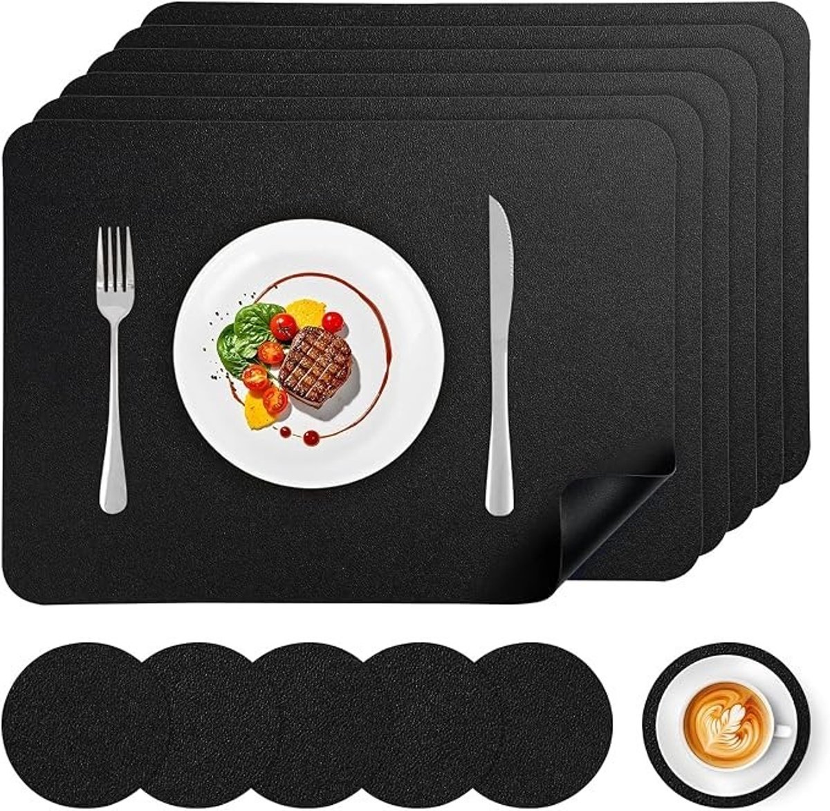 Livatto Zwarte Placemats Set van 6 – Waterafstotende en Hittebestendige Tafelmatten met Onderzetters