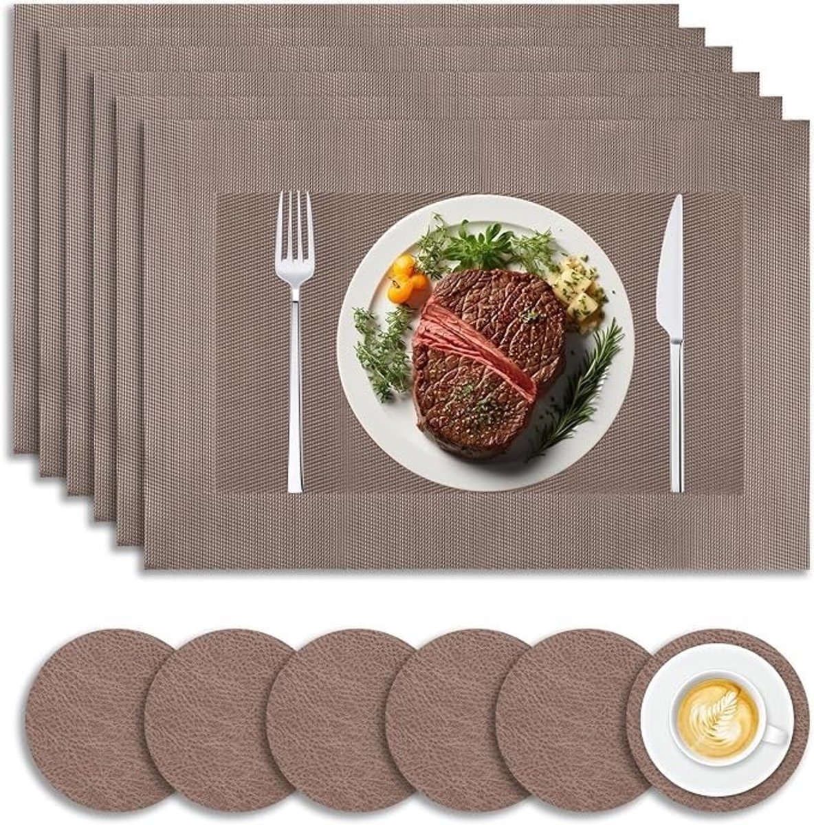 Livatto Set van 12 Placemats en Onderzetters – Afwasbaar, Antislip en Hittebestendig – 6x PVC Placemats 45x30 cm + 6x Leren Onderzetters 10x10 cm – Voor Keuken, Eettafel en Restaurant